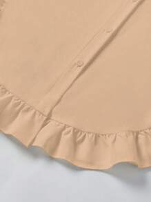 SHEIN LUNE Women's Solid Color Shirt With Ruffle Trim,Long Sleeve Tops Fall Cloth For Women - Khaki - View 3