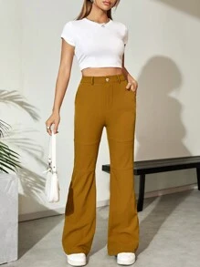 SHEIN Unity Women's Solid Color Flare Pants Fall Cloth For Women - Khaki - View 4