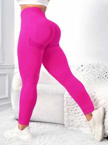 Yoga Basic 大尺碼女性單色運動緊身褲 - 玫紅色 - 查看 5