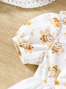 Baby Girl Lovely Bee Print Bubble Sleeve Princess Dress With Bow Headband For Summer