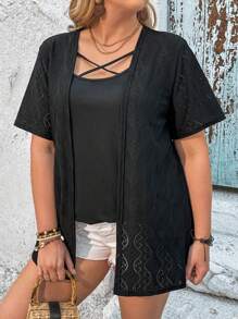 EMERY ROSE Plus Size Women's Embroidery Patchwork Cross V-Neck T-Shirt