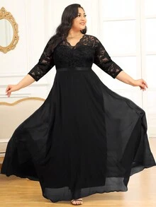 MIUSOL Plus Contrast Lace V-Neck Chiffon Zip Back Formal Party Dress, Wedding Guest Dress, Evening Dress, Gown - Black - View 8