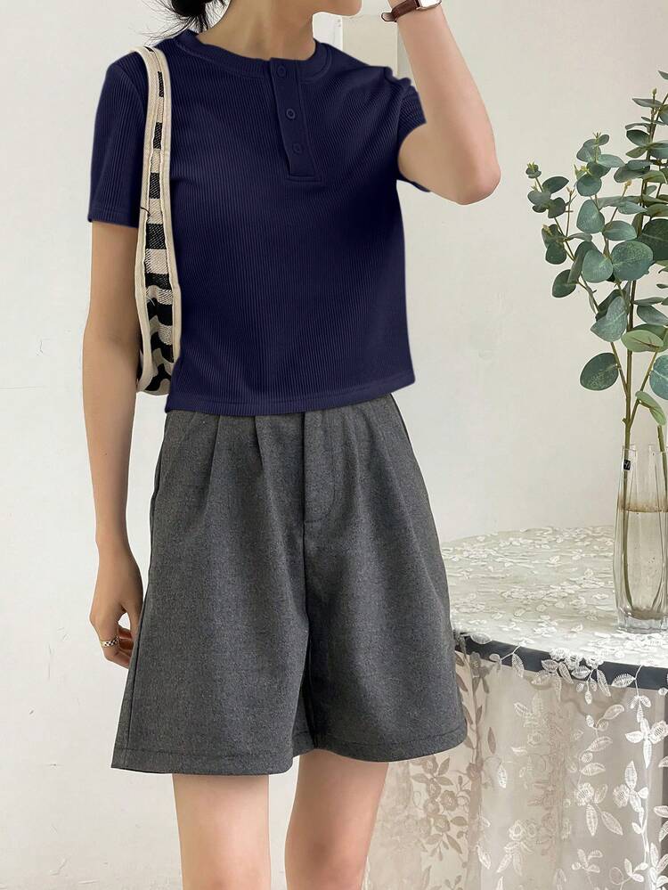 Solid Color Rib Knit Short Sleeve T-Shirt Summer