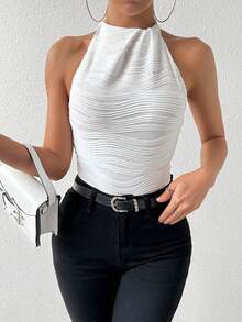 Chiquease Débardeur À Col Halter Pour Femme, Uni Couleur Unie Avec Tissu Texturé - Blanc - Voir 3