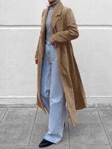 EURMUSE Lapel Neck Slant Pocket Belted Overcoat - Aprikot - View 5