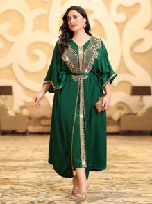 Al Najma Váy Kaftan Jalabiya rộng rãi cổ chữ V dệt thắt lưng cho nữ, phong cách tiệc tối sang trọng thanh lịch - Màu xanh lá cây đậm - Xem 7