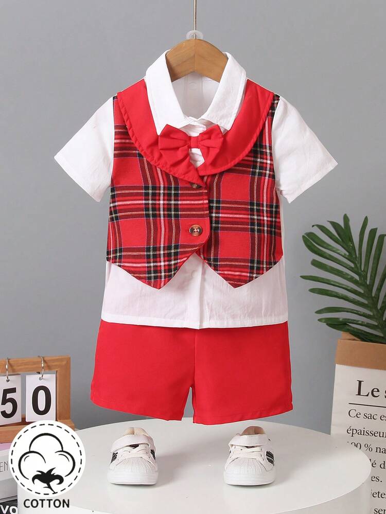 Baby Boy's Plaid Pattern Short Sleeve Two-In-One Shirt And Shorts Gentlemen Outfit
