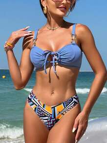 SHEIN Swim Summer Women'S Chain Decorated Tie Front Top And Striped High Cut Triangle Bikini Set Carnival