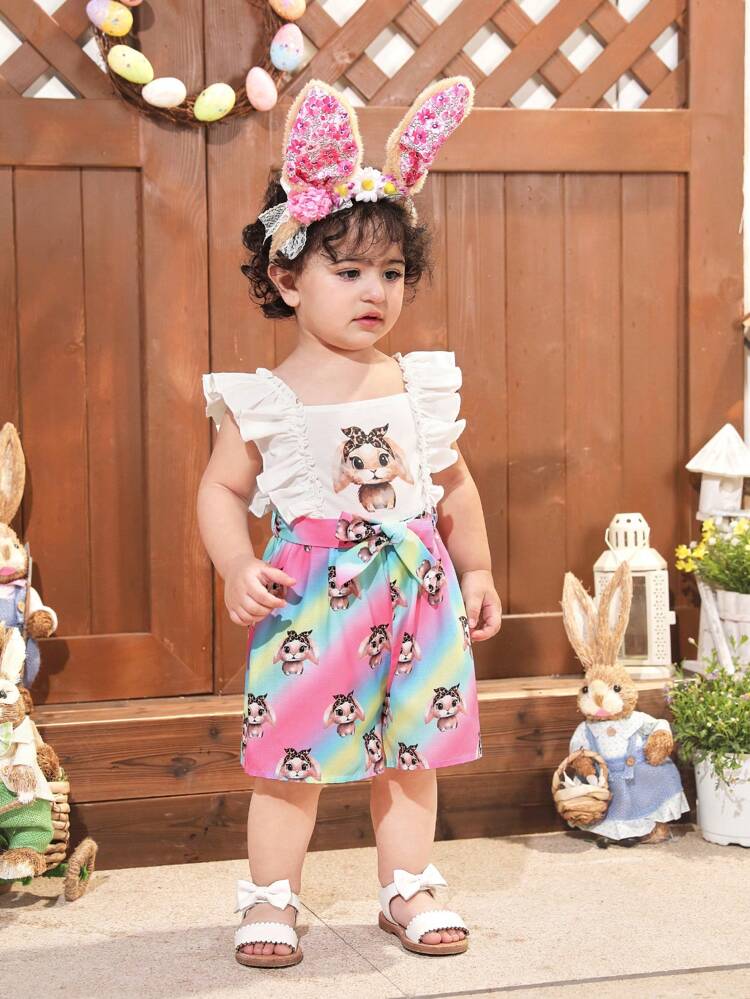 Baby Girls' Casual Summer Cute Cartoon Pattern Colorblock Romper With Ruffle Hem