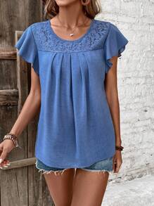 SHEIN LUNE 純色蕾絲拼接百褶衫