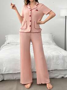 女士櫻桃刺繡彩塊蕾絲修邊短袖和褲子睡衣套裝 - 粉色 - 查看 6