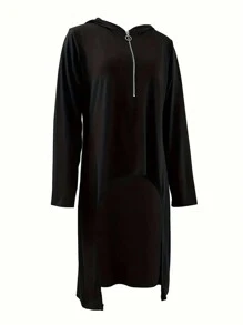 SHEIN Essnce Women's Hooded Sweatshirt With Half Zipper Closure, Asymmetrical Hemline - Black - View 3