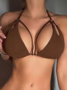 SHEIN Swim 女士性感三角形镂空比基尼上衣夏季 - 咖啡棕 - 查看 4