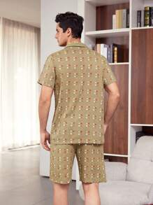 Men's Geometric Pattern Short Sleeve Shirt Pajama Set