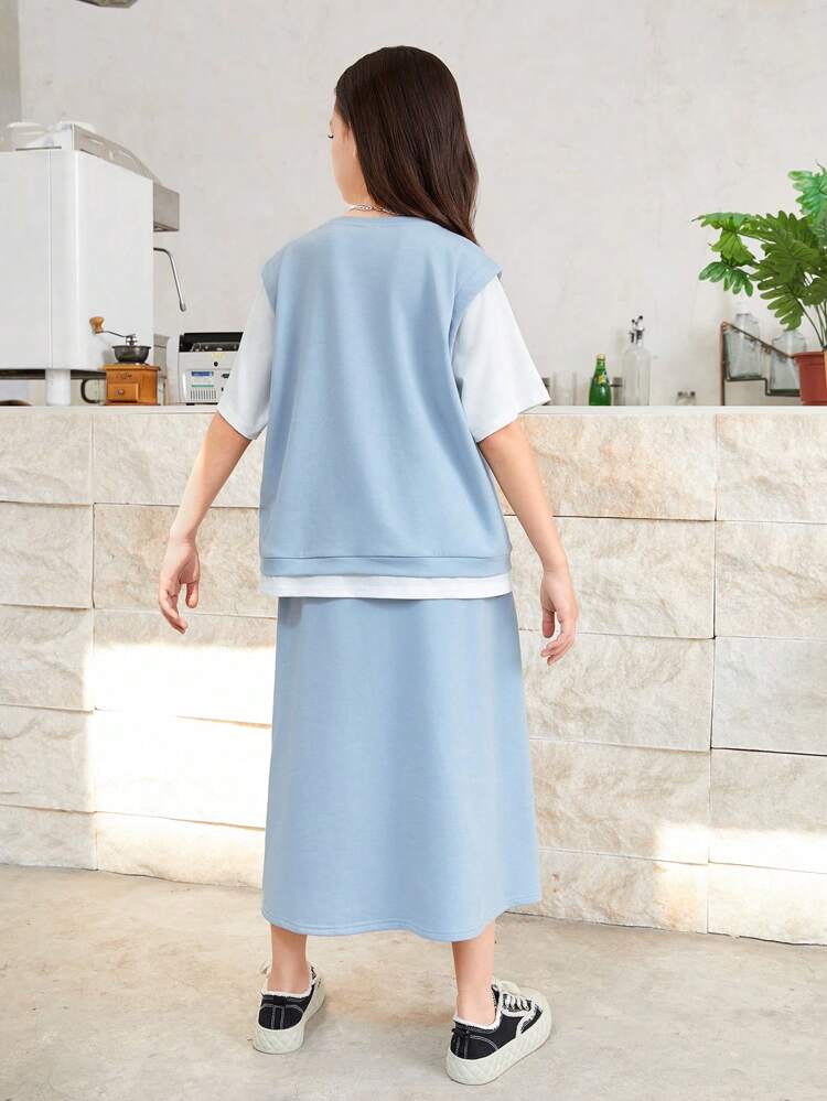 Tween Girls' Loose Casual Color Block Patchwork Two-Piece Outfit
