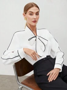 BizChic 女式條紋色塊領口細節捲邊襯衫 - 白色 - 查看 6