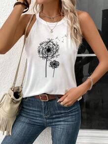 SHEIN LUNE 休闲蒲公英花卉印花工字背心，适合女性夏季 - 白色 - 查看 3