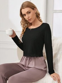 Camiseta De Dormir De Manga Larga De Color Sólido Para Mujer - Negro - Ver 5