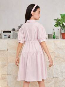 SHEIN 少女鬆身日式休閒落肩領泡泡袖短袖及膝裙 - 粉色 - 查看 2