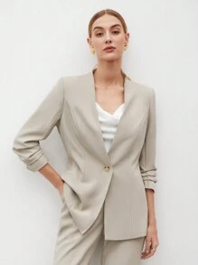 BizChic Áo blazer nữ tay lửng xếp ly, cài một nút, trang phục công sở thanh lịch, áo cơ bản cho các buổi đi chơi, trang phục giáo viên, trang phục trang trọng. - Màu be - Xem 4