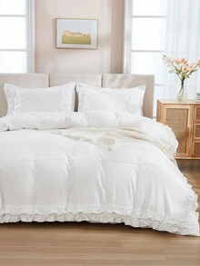 3入組雙層褶邊聚酯纖維被套,含1條蕾絲邊床裙 - 白色 - 查看 2