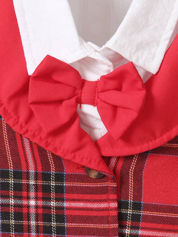 Baby Boy's Plaid Pattern Short Sleeve Two-In-One Shirt And Shorts Gentlemen Outfit