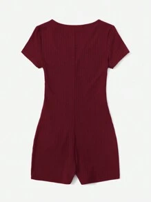 SHEIN EZwear Rompers De Punto Acanalado En Color Sólido - Burdeos - Ver 2