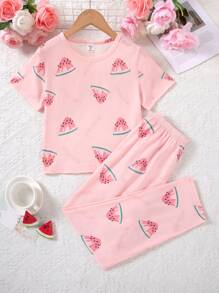 Cô gái Tween Màu hồng Dưa hấu In Quần Và Ngắn tay Vòng cổ Áo Giải trí Trang phục mặc nhà Bộ - Màu Hồng  Dưa hấu - Xem 1