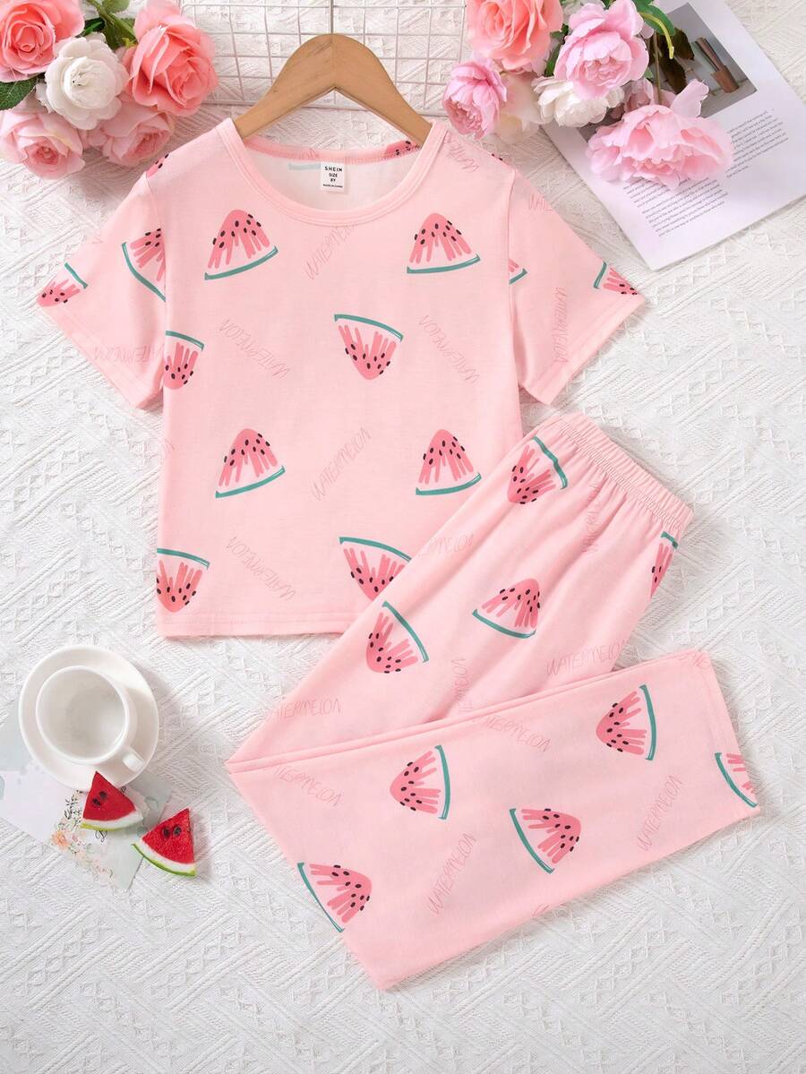 Cô gái Tween Màu hồng Dưa hấu In Quần Và Ngắn tay Vòng cổ Áo Giải trí Trang phục mặc nhà Bộ - Màu Hồng  Dưa hấu - Xem 1