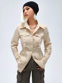 SHEIN EZwear Women's Casual Utility Shirt With Pockets And Drawstring Waist