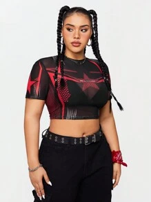 SHEIN Coolane 大尺碼女士透視星星和字母印花短袖上衣 - 彩色 - 查看 5