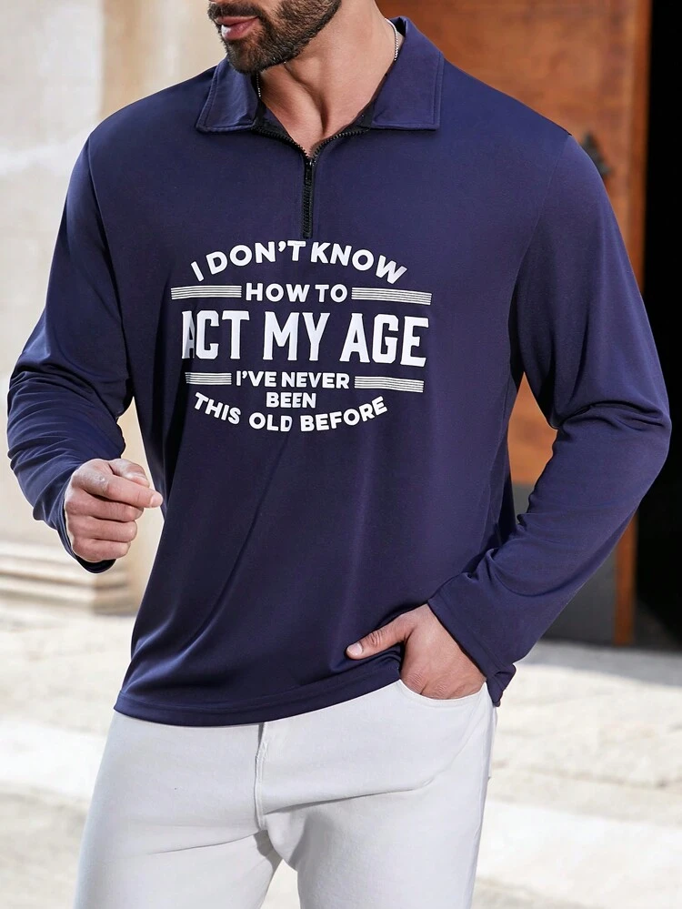 Men's Plus Size Letter Print Long Sleeve Polo Shirt