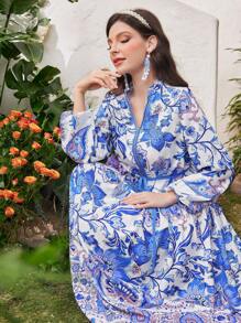 Mulvari Women's Printed Lantern Sleeve Dress With A Notched Collar - Blue - View 5