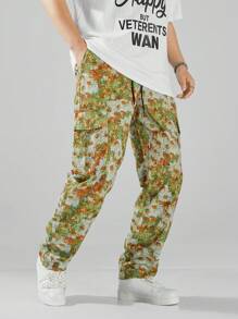 Manfinity EMRG Pantalones Cargo Estampados Con Estampado De Flores Para Hombre De Talla Grande - Amarillo - Ver 4