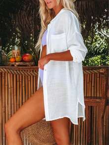 女士纯色休闲沙滩单排扣衬衫夏季