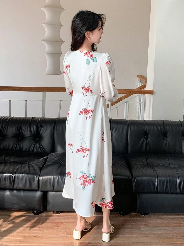 Women's Floral Print Puff Sleeve Dress,Fall Dress Long Sleeve Dress Easter Maxi Dress