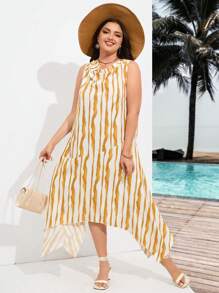SHEIN VCAY Plus Size Summer Holiday Striped Draped-Neck Asymmetrical Hem Beach Dress - Multicolor - View 5
