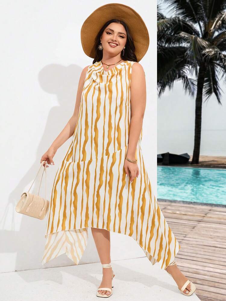 Plus Size Summer Holiday Striped Draped-Neck Asymmetrical Hem Beach Dress