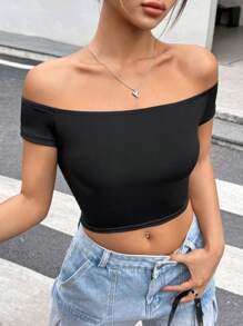 SHEIN Unity 露肩短袖T恤 - 黑色 - 查看 1