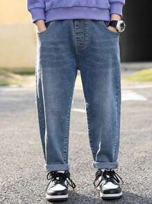 Tween Boy 休闲水洗字母印花牛仔裤 - 淺色水洗藍 - 查看 2