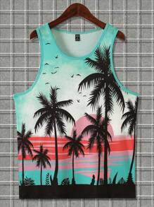 Manfinity Chillmode Men's Palm Tree Print Tank Top Beach Tops - Blue - View 1