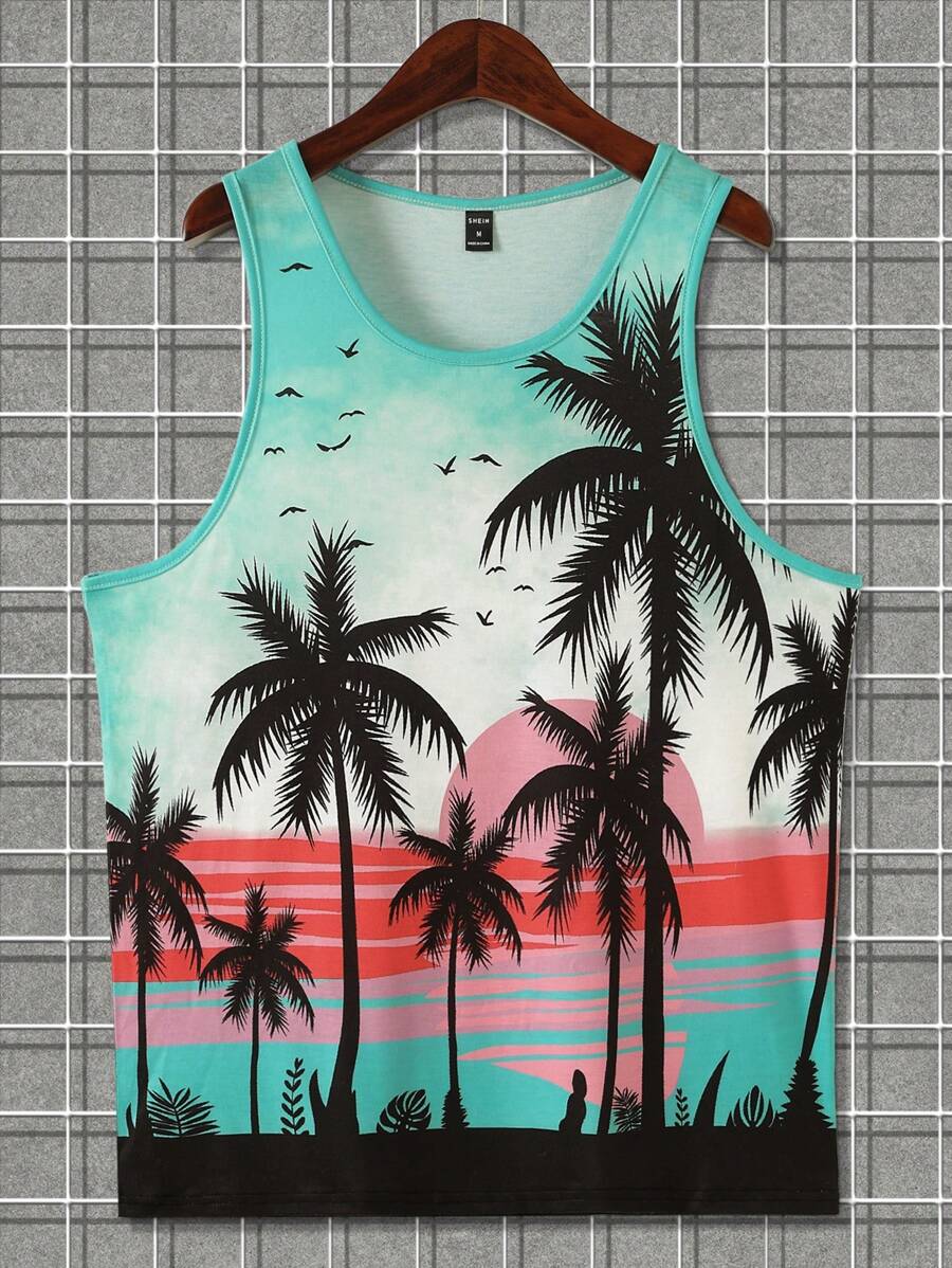 Manfinity Chillmode Men's Palm Tree Print Tank Top Beach Tops - Blue - View 1