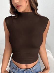 SHEIN EZwear Áo ba lỗ dệt kim màu trơn có cổ đứng cho mùa hè, đi chơi - Màu nâu Sô-cô-la - Xem 3