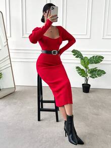 EURMUSE Women'S Square Neck Slim Fit Sweater Dress - Red - View 3