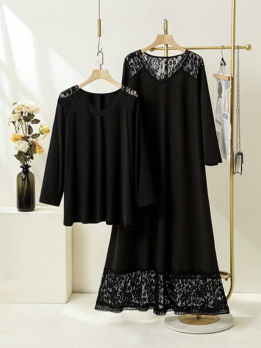 EMERY ROSE Plus Size Women'S Lace Splicing Long Dress - Black - View 1