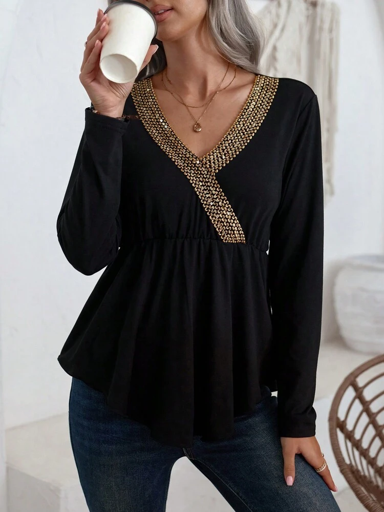 Woven Tape Spliced Curved Hem T-Shirt Fall Cloth For Women