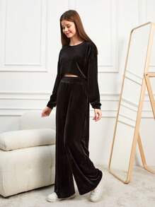 RueChic Teen Girls' Velvet Round Neck Long Sleeve Top And Pants Set