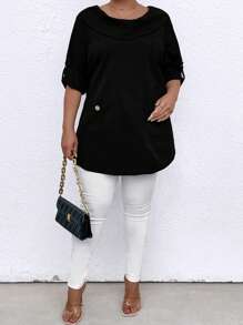 SHEIN LUNE Plus Size Solid Color Rolled-Up Sleeve Blouse