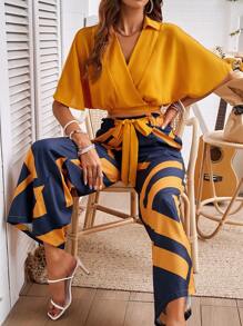SHEIN Clasi Ladies' Solid Color Cropped Top With Collar And Geometric Pattern Pants Set