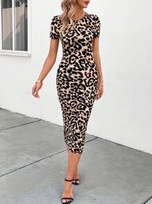 SHEIN Clasi 女士豹紋圓領短袖連身裙